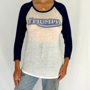 y2k vintage navy white Triumph logo graphic baseball jersey paper thin sheer top